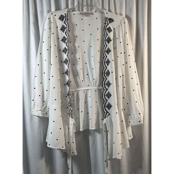 Loft Scalloped Polka Dot Wrap Blouse, White & Black, Sz: M, 80-32 - Picture 11 of 15